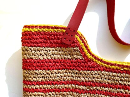 Crochet Raffia Beach Bag Pattern, Striped Tote with Leather Handles