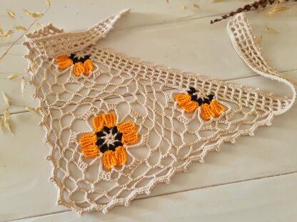 Boho Bandana with Floral Motif, Freeform Mesh and Filet Crochet Design (H8)