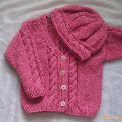 Roisin cable cardigan and hat