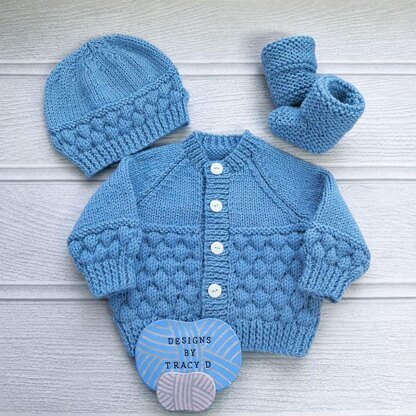 Annabeth Cardigan, Hat & Booties, 16-20 inch chest 0-12mths