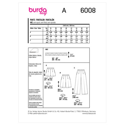 Burda Style Easy Trousers/Pants B6008 - Paper Pattern, Size 34 - 48