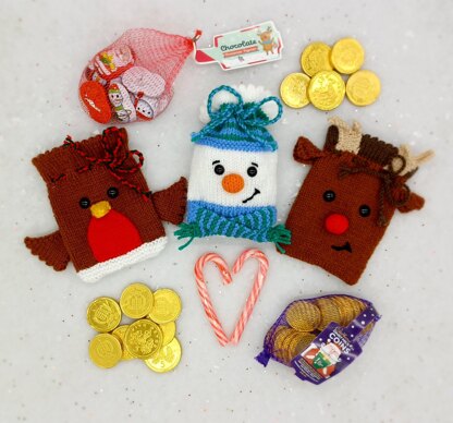 PDF Christmas DK Knitting Pattern Decoration Chocolate Coin Bags Gift Charity knit EASY Christmas Eve Box Robin Snowman Reindeer