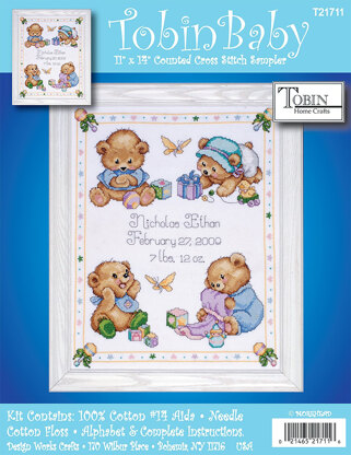 Cute & Cuddly Bear Birth Record Counted Cross Stitch Kit – Stitch 'N Frame