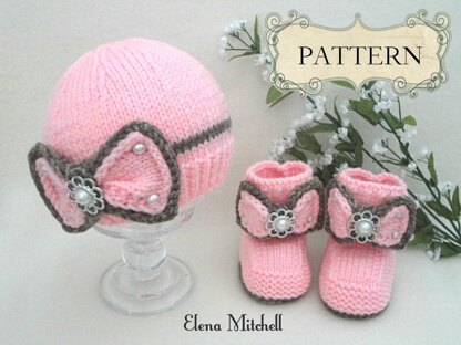 Knitting PATTERN Baby Set with Bows Baby Booties Baby Hat