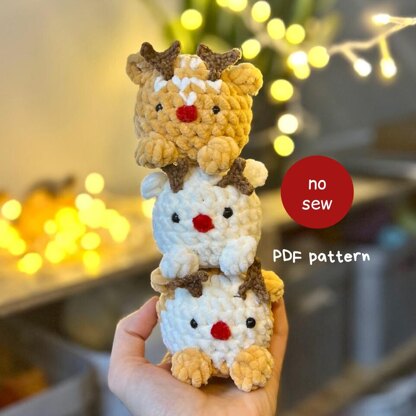 Set of 3 chubby reindeers crochet pattern, No sew PDF tutorial, Christmas pattern