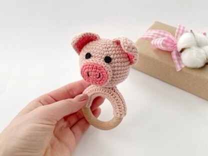 Pig crochet pattern baby rattle toy Amigurumi teether ring