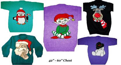 5 x Plus Size Christmas Jumper Knitting Patterns Santa Snowman Penguin Rudolph elf