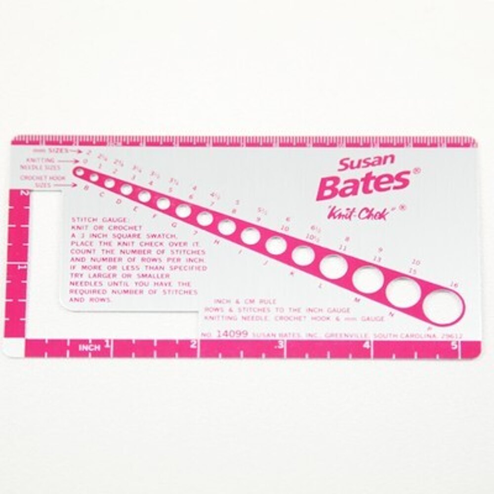 Susan Bates Steel Gauge for checking stitch gauge and needle size.