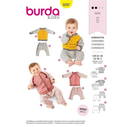 Burda Style Babies' Sweatjacket – Raglan Sleeve Jacket with Stand Collar – Pull-on Trousers/Pants 9297 - Paper Pattern, Size 1M - 3