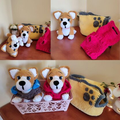 3 Crochet pattern dog+ jumpsuit+ bag, Crochet Corgi Puppy