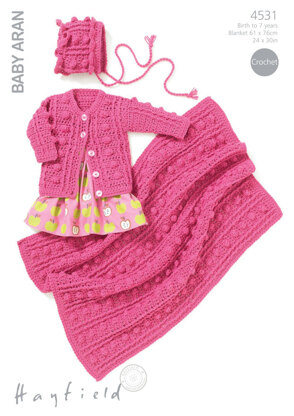 Round Neck Cardigan, Bonnet & Blanket in Hayfield Baby Aran - 4531 - Downloadable PDF