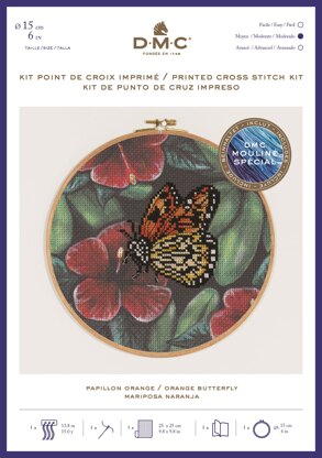 DMC Orange Butterfly (printed fabric, 6" hoop) Cross Stitch Kit - 25cm x 25cm