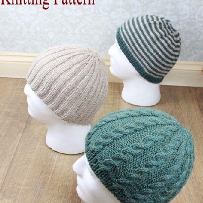 Knitting Pattern mens hats beanies UK & USA Terms #310