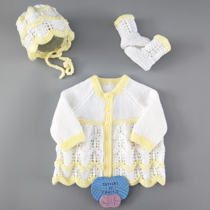 Bella baby Matinee, Bonnet, booties and mitts knitting pattern