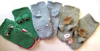 Animal mittens - Crocodile, frog and shark