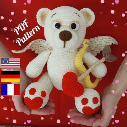 Valentine bear Crochet Pattern, Teddy Amigurumi Pattern, Cupid Bear amigurumi pattern, Heart pattern (English, Deutsch, Français)