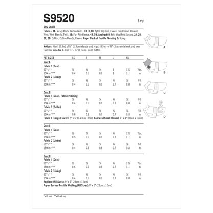Simplicity Dog Coats S9520 - Paper Pattern, Size A (XS-S-M-L-XL)