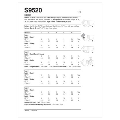 Simplicity Dog Coats S9520 - Paper Pattern, Size A (XS-S-M-L-XL)