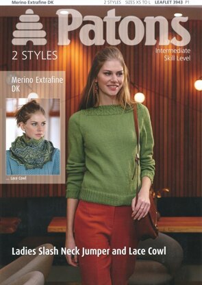 Ladies Lace Cowl and Slash Neck Jumper in Patons Merino Extrafine DK - 3943