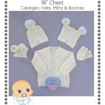 Ryan Baby cardigan, Hats, Booties & Mitts knitting pattern 18inch chest size