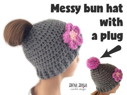 Messy bun hat with a plug