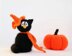 Halloween knitting patterns Sale : Black Cat in the orange Hat, Young Witch and Pumpkin - (knitted round)