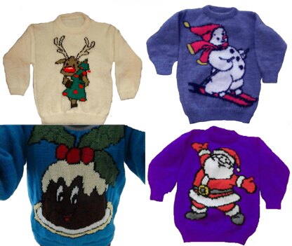 4 x Plus Size Christmas Jumper Knitting Patterns #12 Santa Tree Snowman Pudding