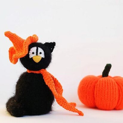 Black Cat in the orange Hat - halloween knitting pattern (knitted round)