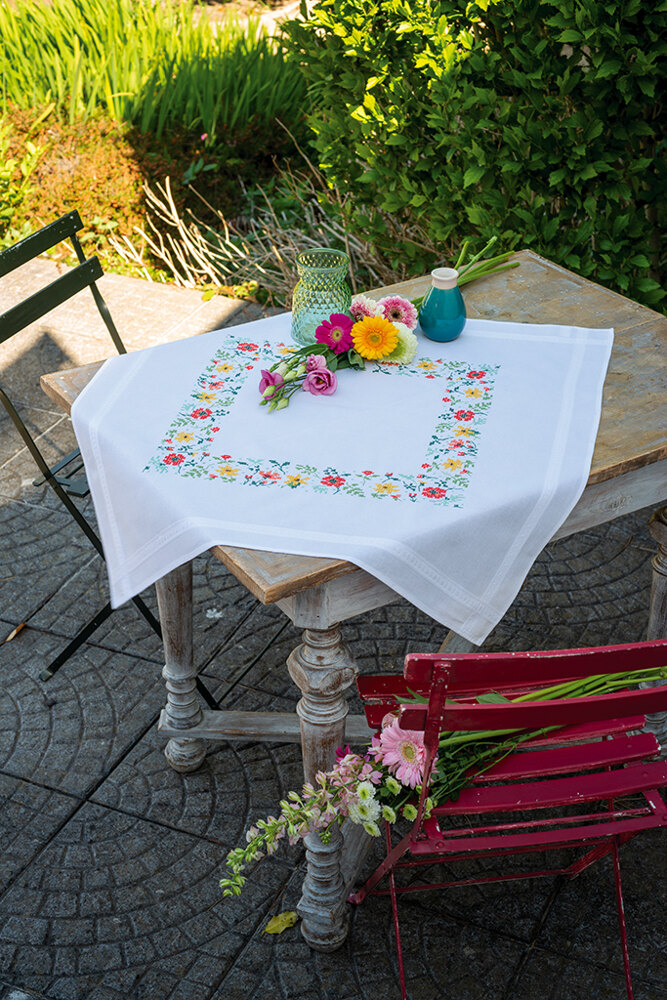 Embroidered Tablecloth with Cross Stitch Flowers