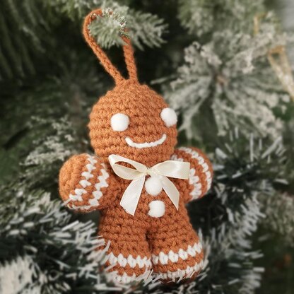 Gingerbread Man With White Pom Pom Eyes For Christmas Tree Crochet Ornaments