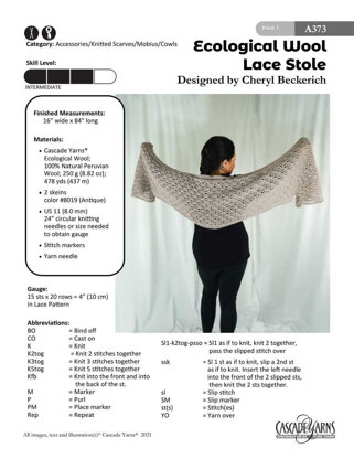 Lace Stole in Cascade Yarns Ecological Wool - A373 - Downloadable PDF