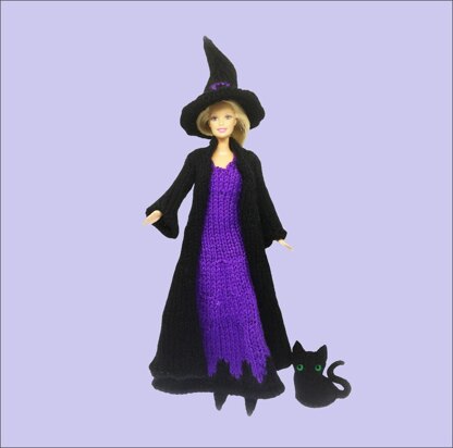 Barbie, 12" doll: witch dress, hat, cat and cloak