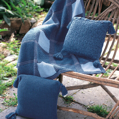 Denim Plaid Blanket And Pillows in Patons Classic Wool Worsted