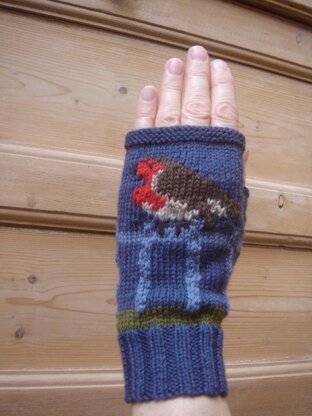 Robin on a Fence fingerless gloves/mitts