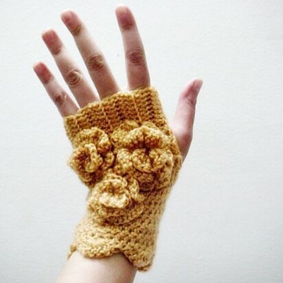 Mustard Fingerless Gloves with Flowers