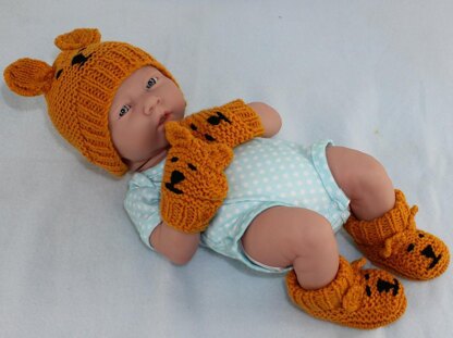 New Baby Teddy Bear Booties, Beanie & Mittens