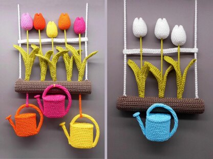 Tulips & watering cans hanging decoration - simple from scraps of yarn