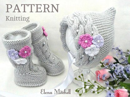 Knit Pattern Baby Bonnet Baby Shoes by Elena Mitchell