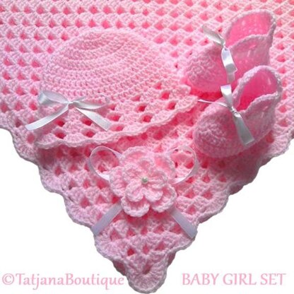 Baby Girl Blanket, Hat and Booties