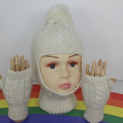 Toddler & Child Aran Cable Balaclava & Fingerless Gloves - knitting pattern