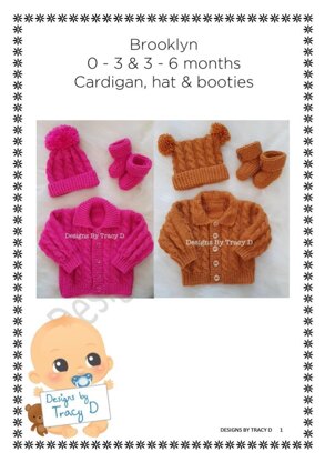 Brooklyn baby knitting pattern cardigan, hats and booties 0-3 mths & 6-12m