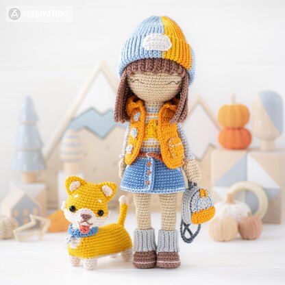 Doll Crochet Pattern Amigurumi for Friendy April with Timmy the Corgi from "AradiyaToys Friendies" collection tutorial PDF file modern dolls by AradiyaToys (Olka Novytska)