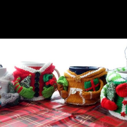 Festive Hoodie Mug Cozies Santa Elf Snowman Gingie