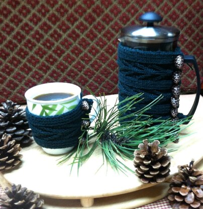 Pine Cone And Tassel Coffee Press and Mug Cozies