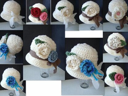 563 CROCHET cloche hat with roses, baby to women sizes