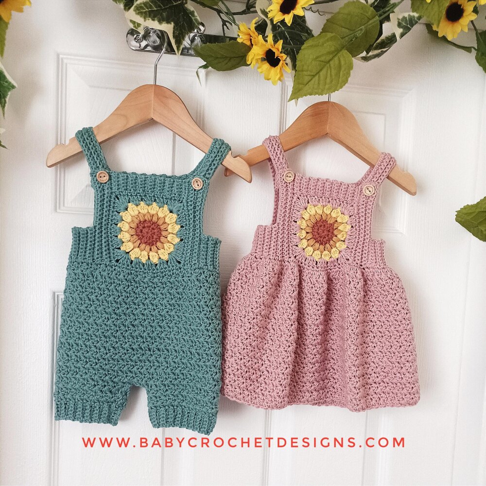 Sunflower Overalls and Dress Crochet pattern by BabyCrochetDesigns