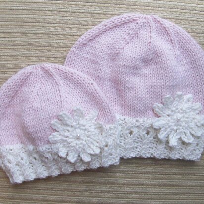 Pink Hat with a White Border and a Large Snowflake in Sizes 3-6 Months and 2-3 Years