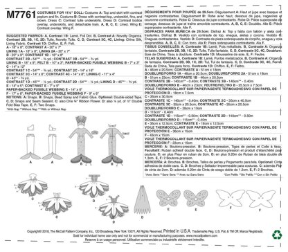 McCall's Costumes For 11 1/2 Doll" M7761 - Paper Pattern All Sizes In One Envelope