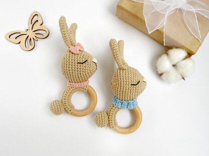 Crochet bunny pattern baby rattle toy Amigurumi rabbit teether