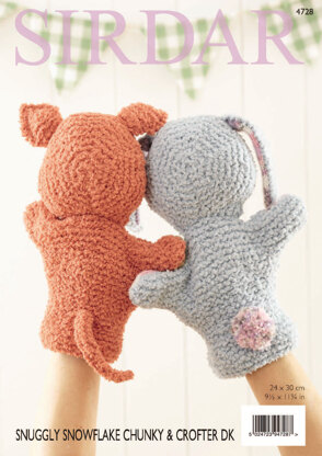 Rabbit and Cat Hand Puppet in Sirdar Snuggly Snowflake Chunky & Snuggly Baby Crofter DK - 4728 - Downloadable PDF